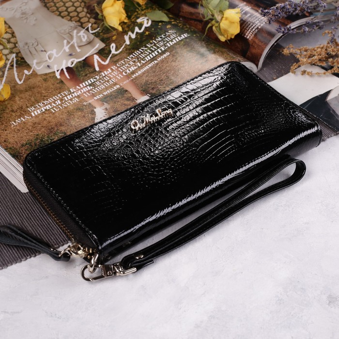 Кошелёк женский, 3 отдела, для монет, для карт на молнии, с ручкой, цвет чёрный