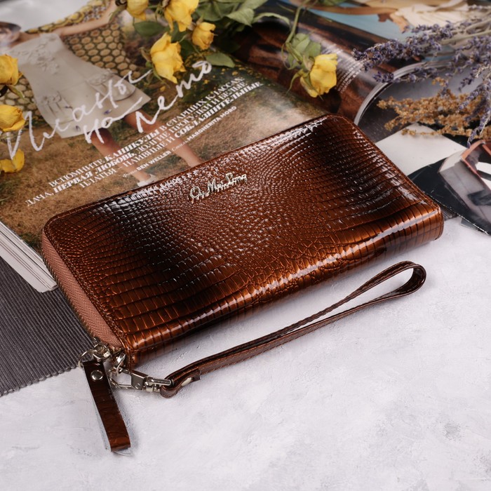 Кошелёк женский, 3 отдела, для монет, для карт на молнии, с ручкой, цвет коричневый
