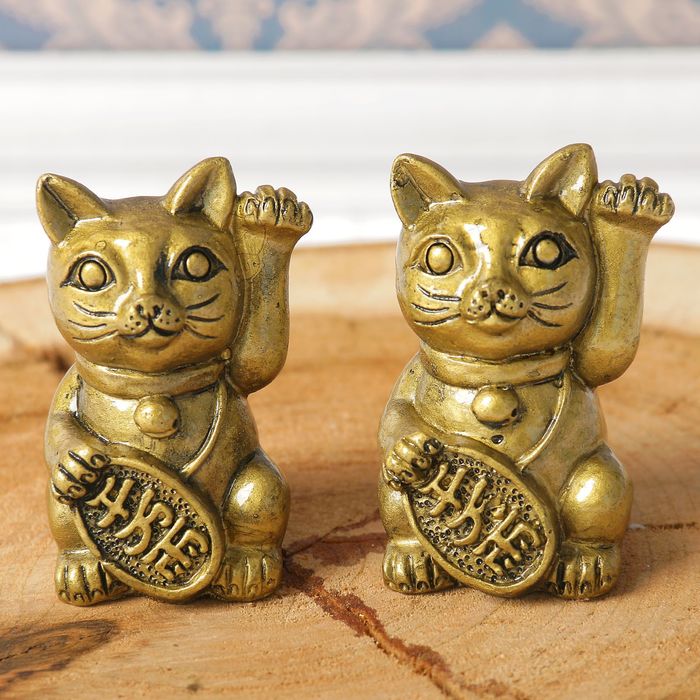 Нэцкэ полистоун "Кот манэки-нэко" бронза набор 2 шт 5х3,2х3,3 см