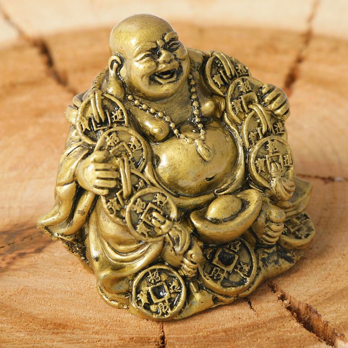 Нэцкэ полистоун "Хотей со слитками золота" бронза 5,2х6,3х4,5 см