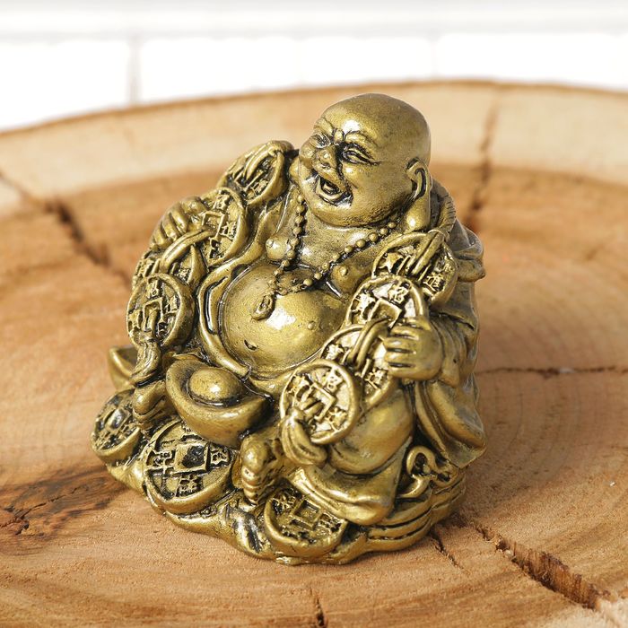 Нэцкэ полистоун "Хотей со слитками золота" бронза 5,2х6,3х4,5 см