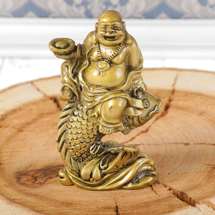 Нэцкэ полистоун "Хотей на карпе" бронза 9х5х3 см