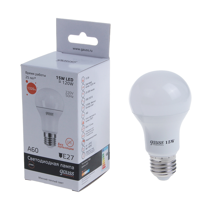Лампа светодиодная Gauss, Elementary, A60, 15 Вт, E27, 2700K