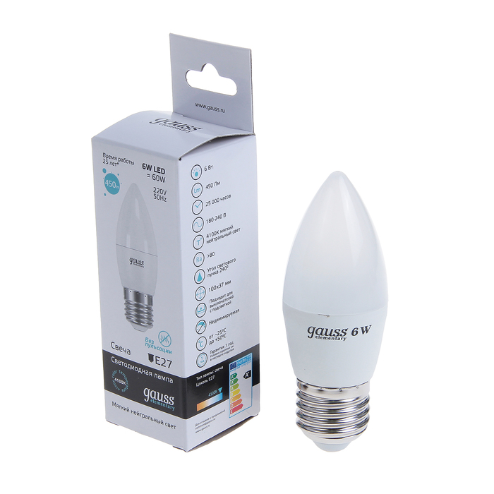 Лампа светодиодная Gauss, Elementary, С37, 6 Вт, E27, 4100K