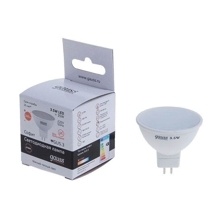 Лампа светодиодная Gauss, Elementary, MR16, GU5.3, 3.5 Вт, 2700K
