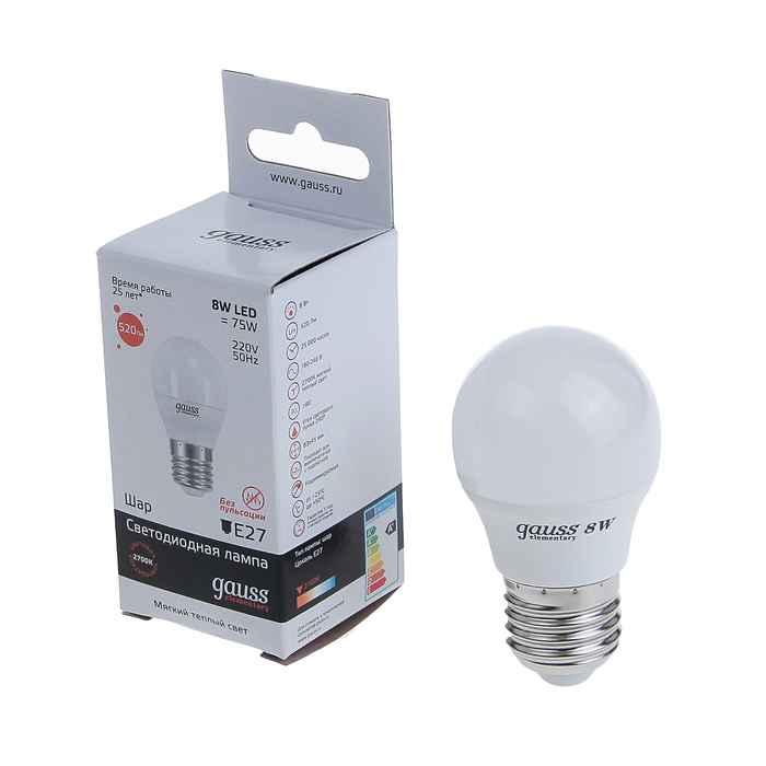 Лампа светодиодная Gauss, Elementary, G45, E27, 8 Вт, 2700K