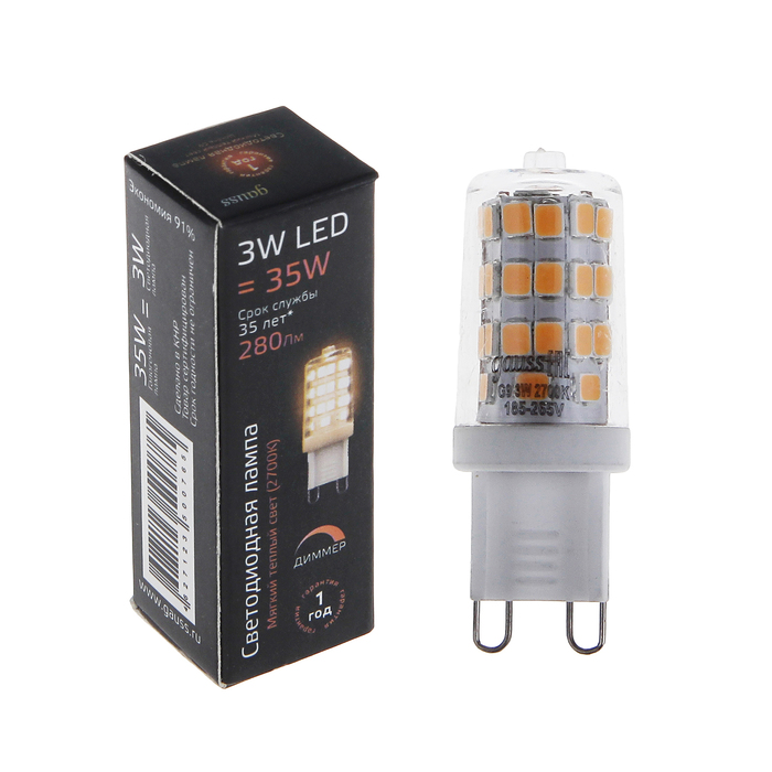 Лампа светодиодная  Gauss, G9, 3 Вт, 185-265 В, 2700K, AC, диммируемая