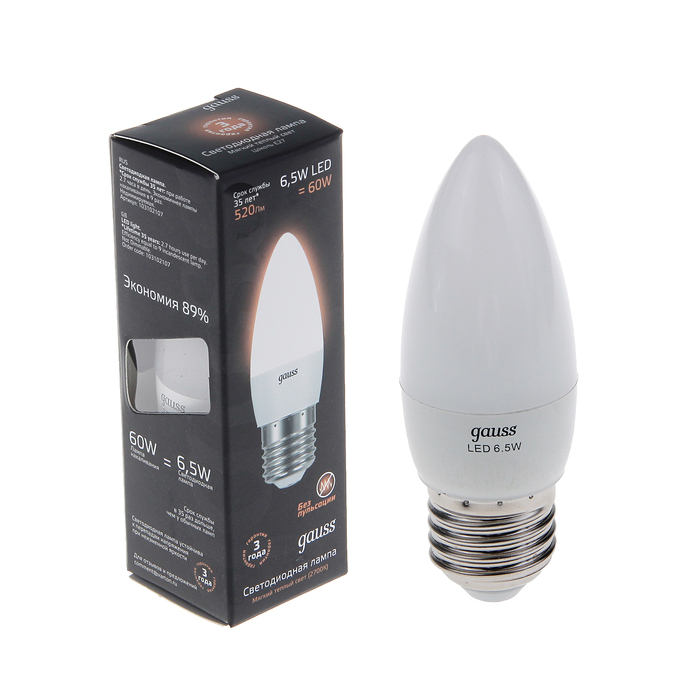Лампа светодиодная  Gauss, С37, E27, 6.5 Вт, 2700К
