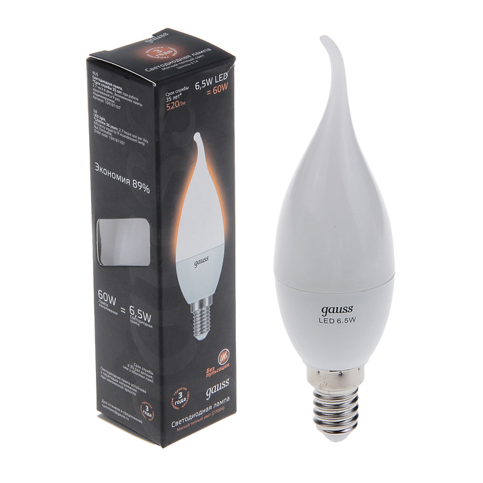 Лампа светодиодная  Gauss, CA37, E14, 6.5 Вт, 2700K