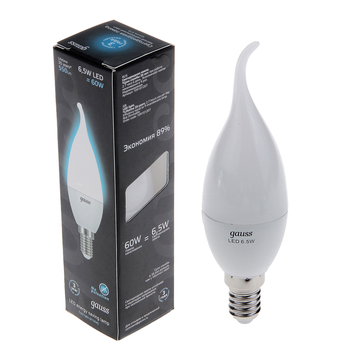 Лампа светодиодная  Gauss, CA37, E14, 6.5 Вт, 4100K