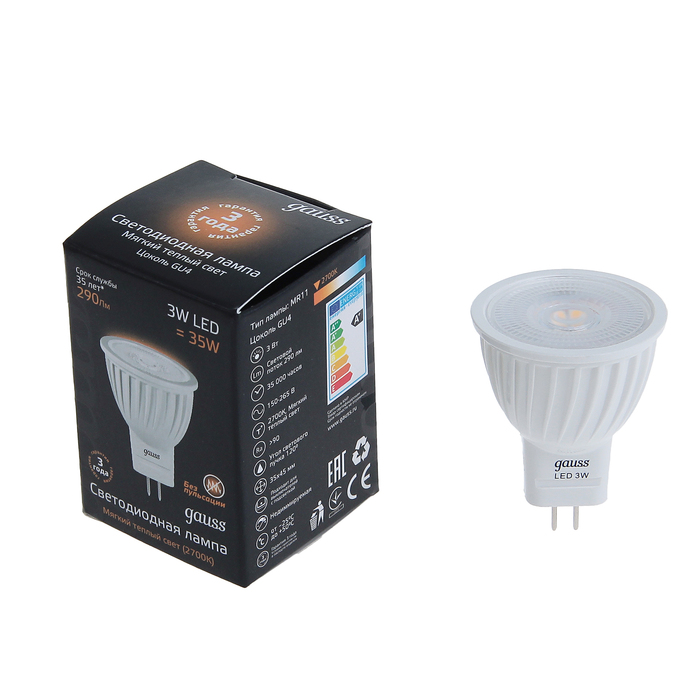 Лампа светодиодная  Gauss, 3 Вт, MR11, GU4, 2700K, размер 35х45 мм
