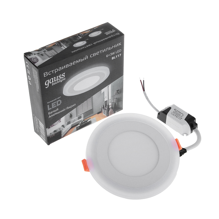 Светильник светодиодный Gauss, Backlight BL117, 6+3 Вт, 4000K, d=145 мм, круглый, акрил