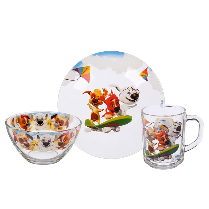 Набор посуды "Озорная семейка на скейте", 3 предмета: тарелка 19 см, кружка 210 мл, салатник 13 см 250 мл