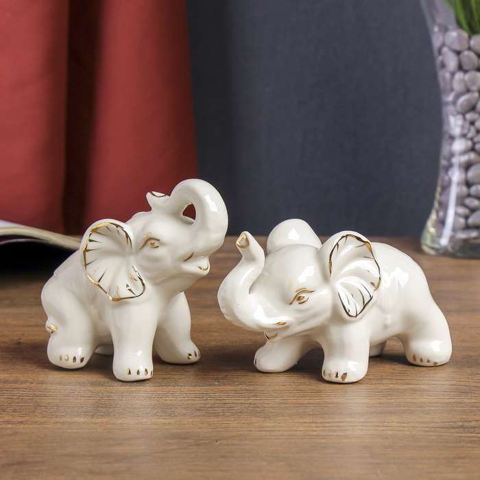 Сувенир керамика "Белые слоники с золотыми ушками" набор 2 шт 10х11,3х6 см
