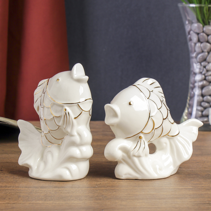 Сувенир керамика "Две белых рыбки с золотой чешуёй" набор 2 шт 11х13х5 см