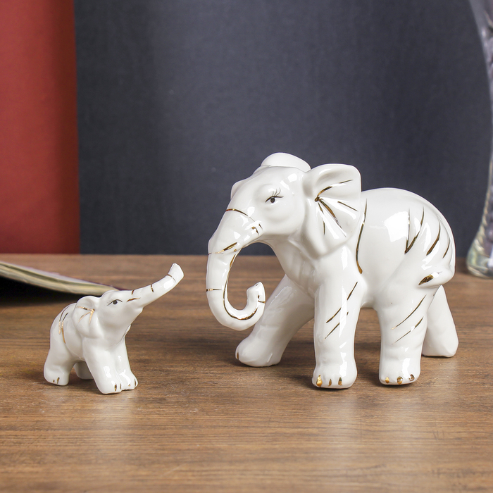 Сувенир керамика "Слониха со слонёнком" белые набор 2 шт 10,5х19,5х7 см