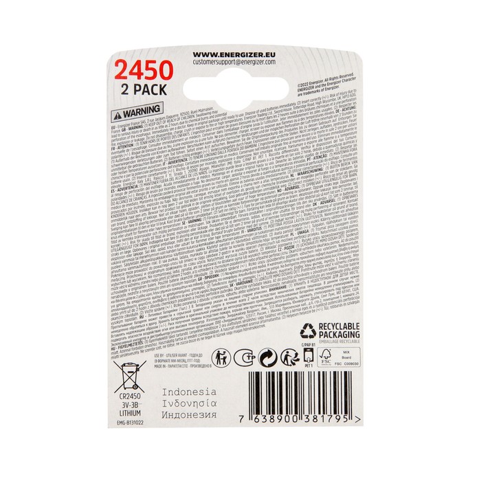 

Батарейка литиевая Energizer, CR2450-2BL, 3В, блистер, 2 шт.