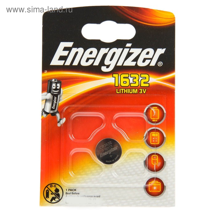 Батарейка литиевая Energizer, CR1632-1BL, 3В, блистер, 1 шт. батарейка 10 zinc air energizer 8шт бл цена за блистер energizer арт e301431701