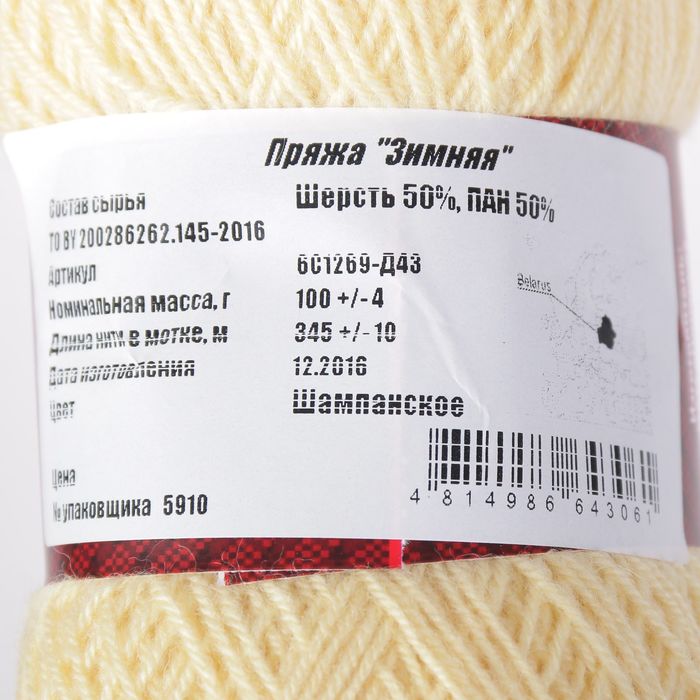 Пряжа "Зимняя" 50% шерсть, 50% ПАН 345м/100гр (Шампанское)