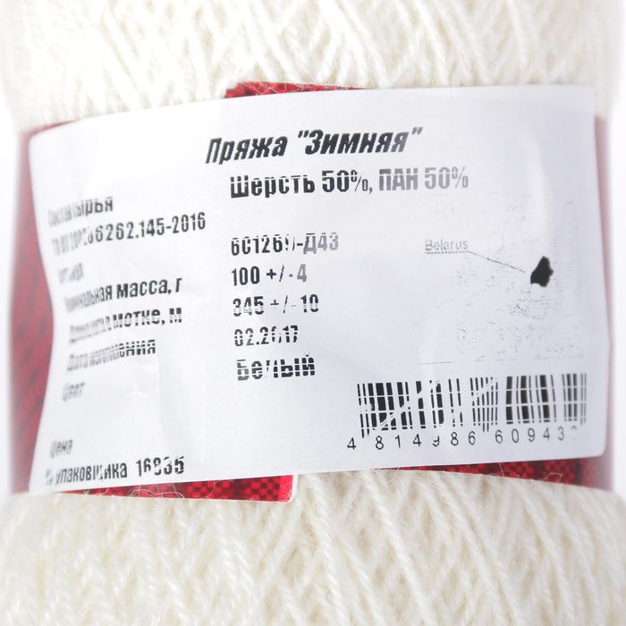 Пряжа "Зимняя" 50% шерсть, 50% ПАН 345м/100гр (Белый)