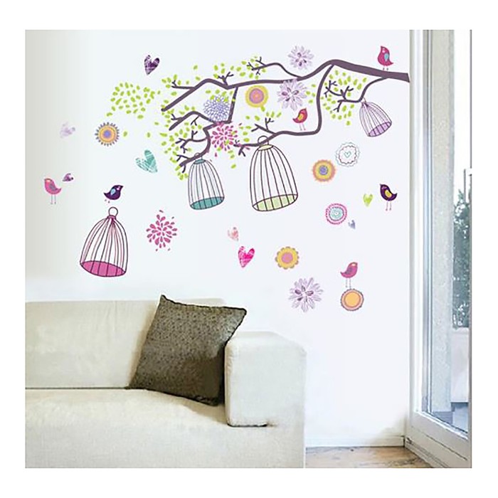 Наклейка интерьерная пластик "Птичьи клетки на дереве" 60х90 см