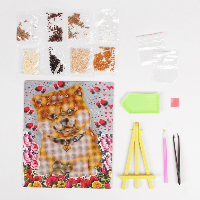 Алмазная вышивка с частичным заполнением "Щен в цветах" с подставкой