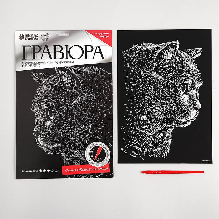 Гравюра "Британский кот", металлический эффект "серебро", 21 х 30 см
