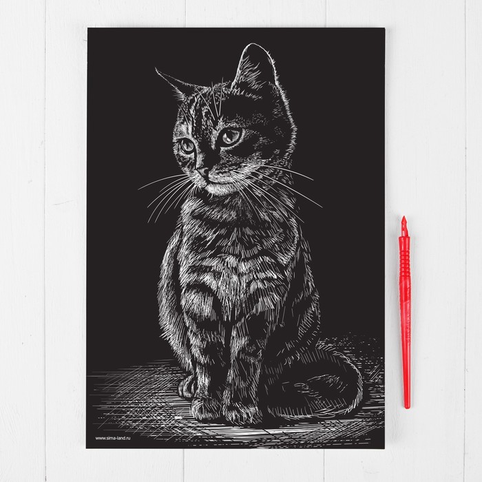 Гравюра "Полосатый котёнок", металлический эффект "серебро", 21 х 30 см