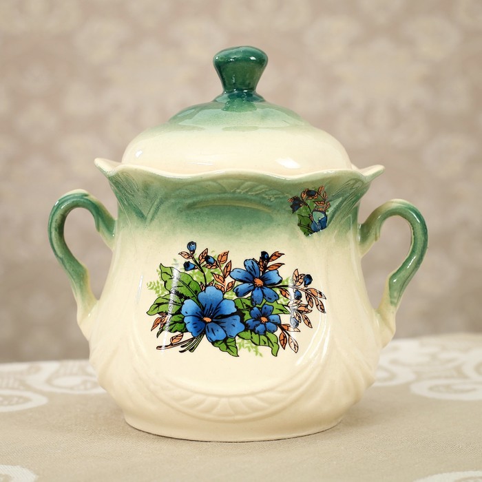 Сахарница "Ажур" изумруд, незабудка деколь