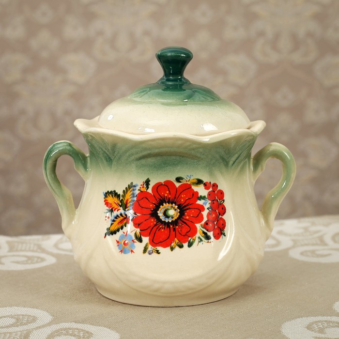 Сахарница "Ажур" изумруд, петриковская роспись