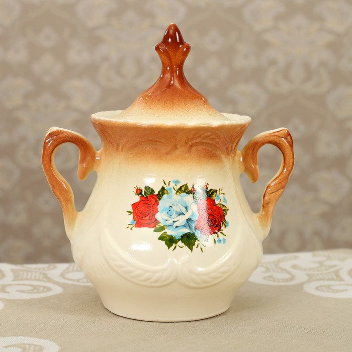 Сахарница 550 мл "Элит" коричневая, роза деколь