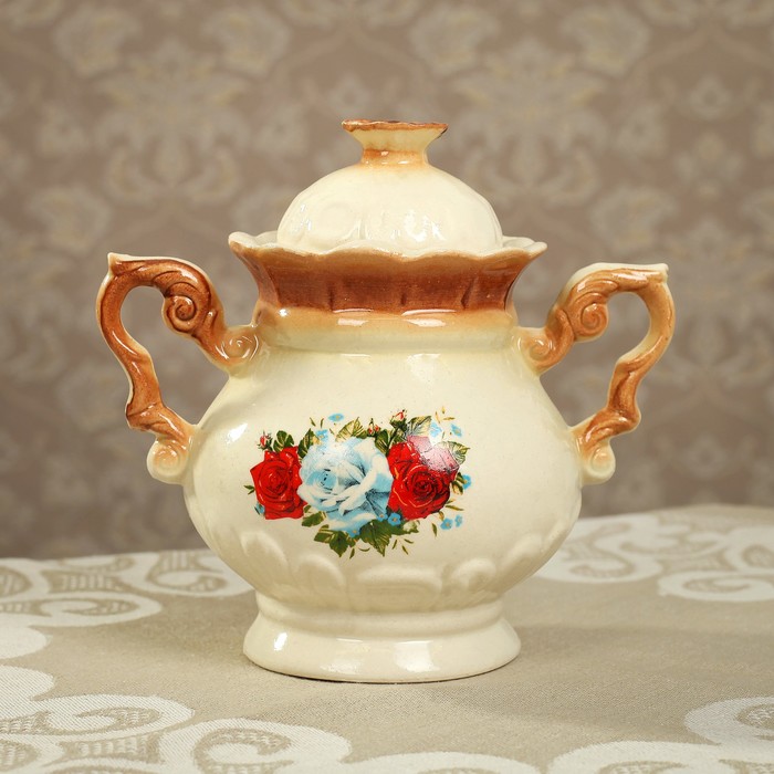 Сахарница "Ромашка" коричневая, роза деколь