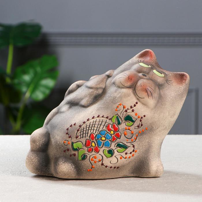 Копилка "Кот с рыбой" шамот, чёрный