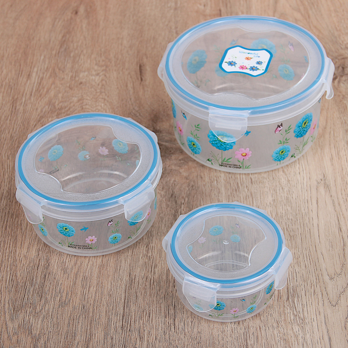 Набор ланч-боксов "Полянка", 3 шт: 200 мл (8,5 см), 400 мл (11 см), 800 мл (14 см), цвета МИКС