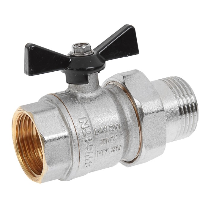 Кран шаровой JIF, с американкой 3/4", ручка, никелированный