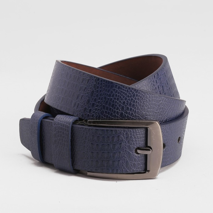 Ремень мужской, пряжка тёмный металл, ширина - 4 см, цвет синий