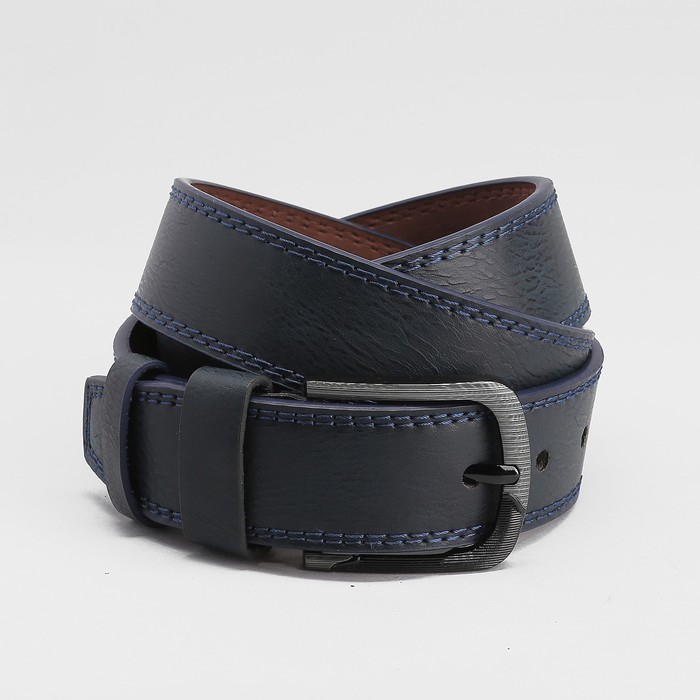 Ремень мужской, пряжка тёмный металл, ширина - 4 см, цвет синий