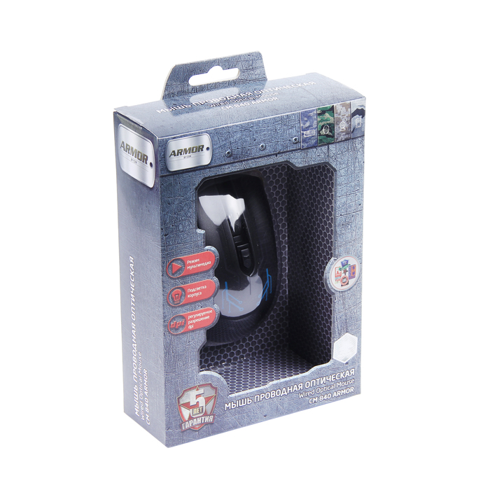 Мышь игровая CBR CM 840 Armor, 1200/1600/2400/3200 dpi, "дышащая" подсветка: 3 цвета, черный