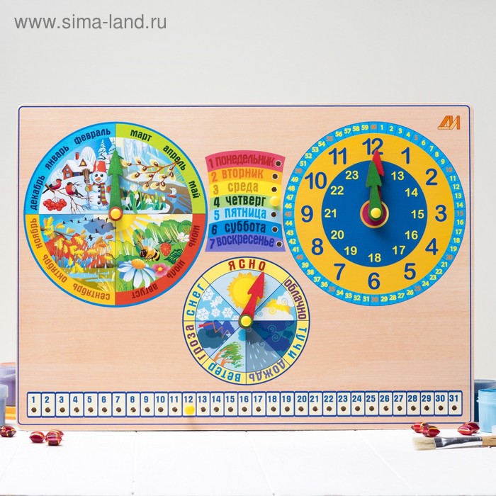 фото Развивающая доска «календарь природы. часы» деревянные игрушки