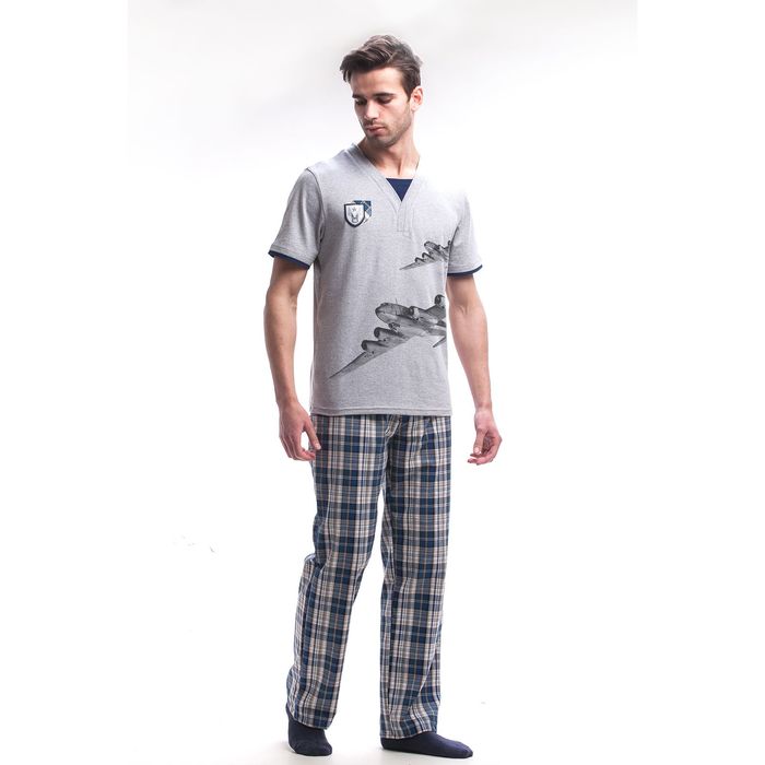 Комплект мужской (футболка, брюки) М-797-26 цвет серый меланж/синий, р-р 48