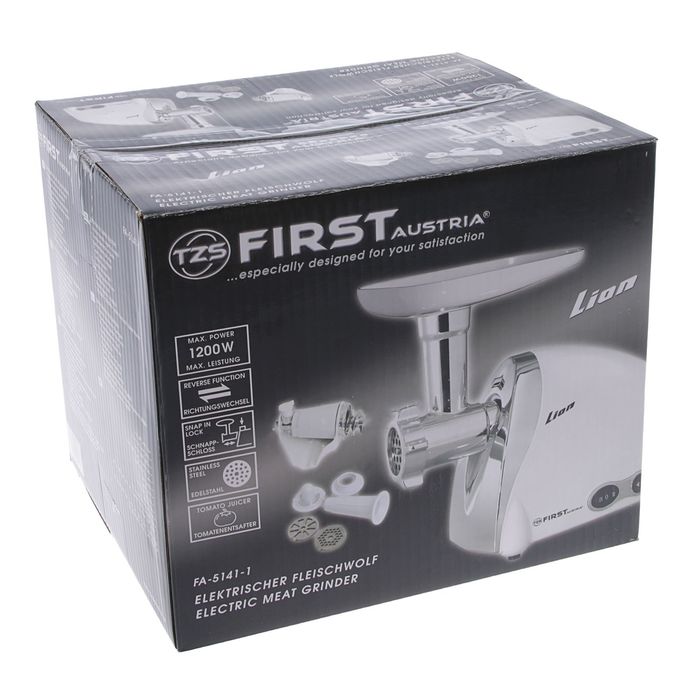 Мясорубка FIRST FA-5141-1, 1000 Вт, реверс, 3 диска, соковыжималка, кеббе, белый