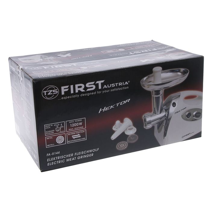 Мясорубка FIRST FA-5144, 1200 Вт, реверс, 3 диска, насадки кеббе, белый