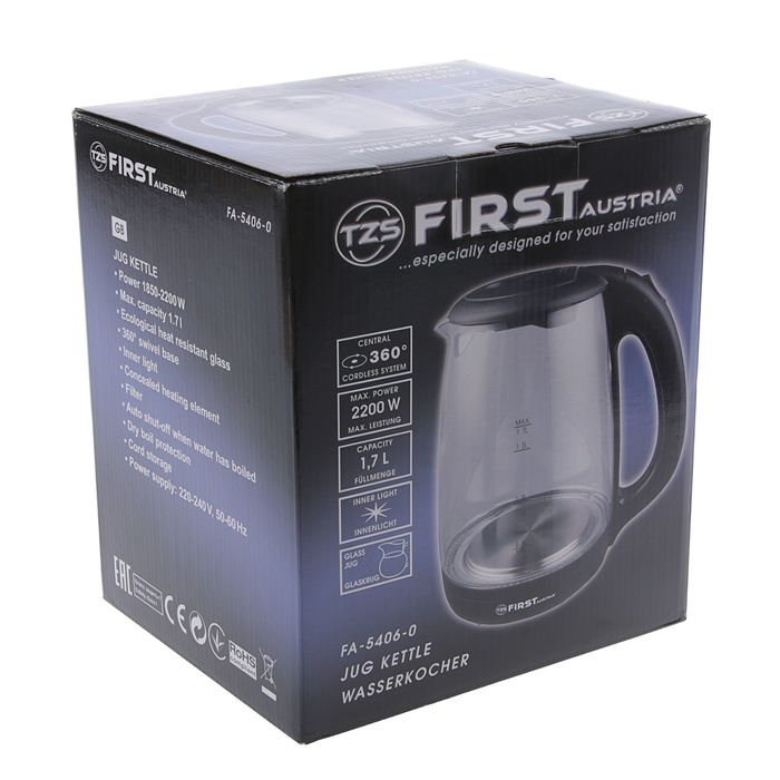 Чайник FIRST FA-5406-0, стеклянный, 2200 Вт, 1.7 л, черный