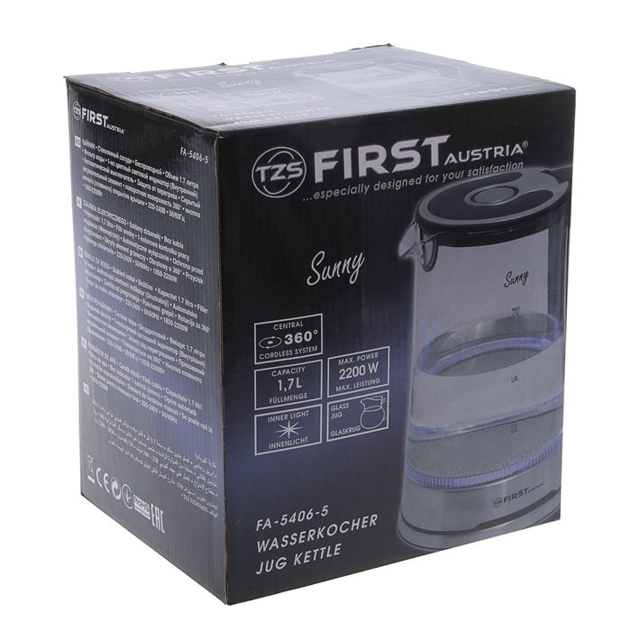 Чайник FIRST FA-5406-5, 2200 Вт, стеклянный, 1.7 л, подсветка, черный