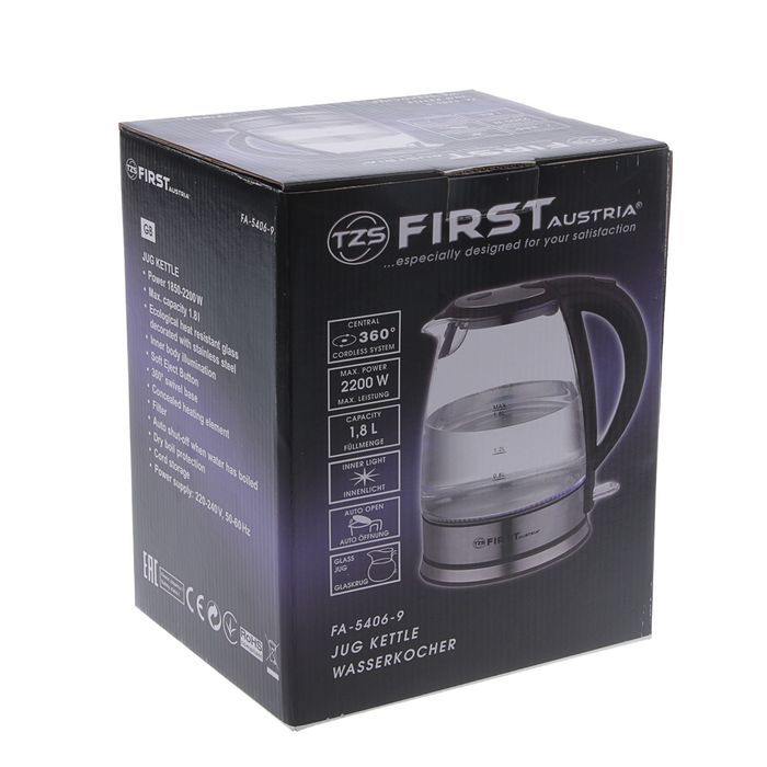 Чайник FIRST FA-5406-9, стеклянный, 2200 Вт, 1.8 л, черный