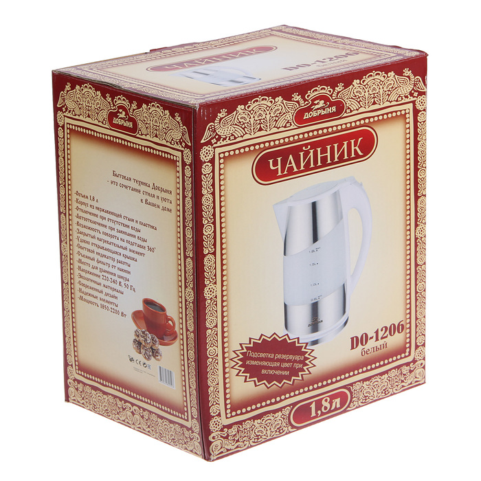 Чайник "Добрыня" DO-1206, 1.8 л, 2200 Вт, белый