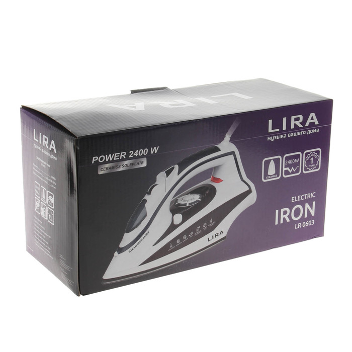 Утюг электрический LIRA LR 0603, 2400 Вт, керамическая подошва, белый-коричневый