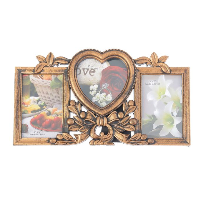 Фоторамка пластик на 3 фото 9х13, 10х10 см "Бант и ягодки" тёмное золото 17,5х32 см