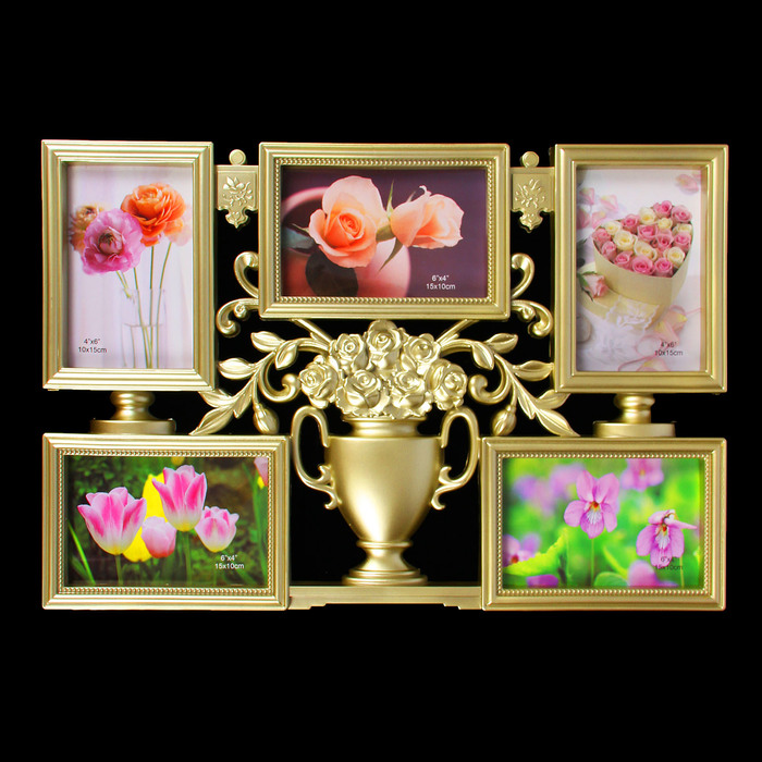 Фоторамка пластик на 5 фото 10х15 см "Ваза с цветами" золото с серебром 31х46 см