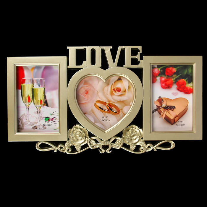 Фоторамка пластик на 3 фото 9х13, 10х15 см "Любовь и розы" золото 22х40,5 см